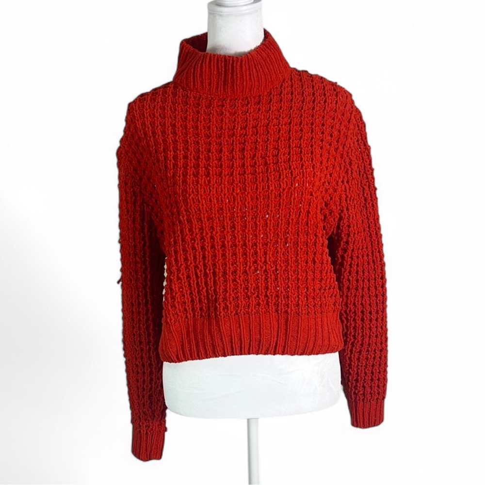 Red Fisherman Knit Turtleneck Sweater Chunky Cable Cozy Winter Size M